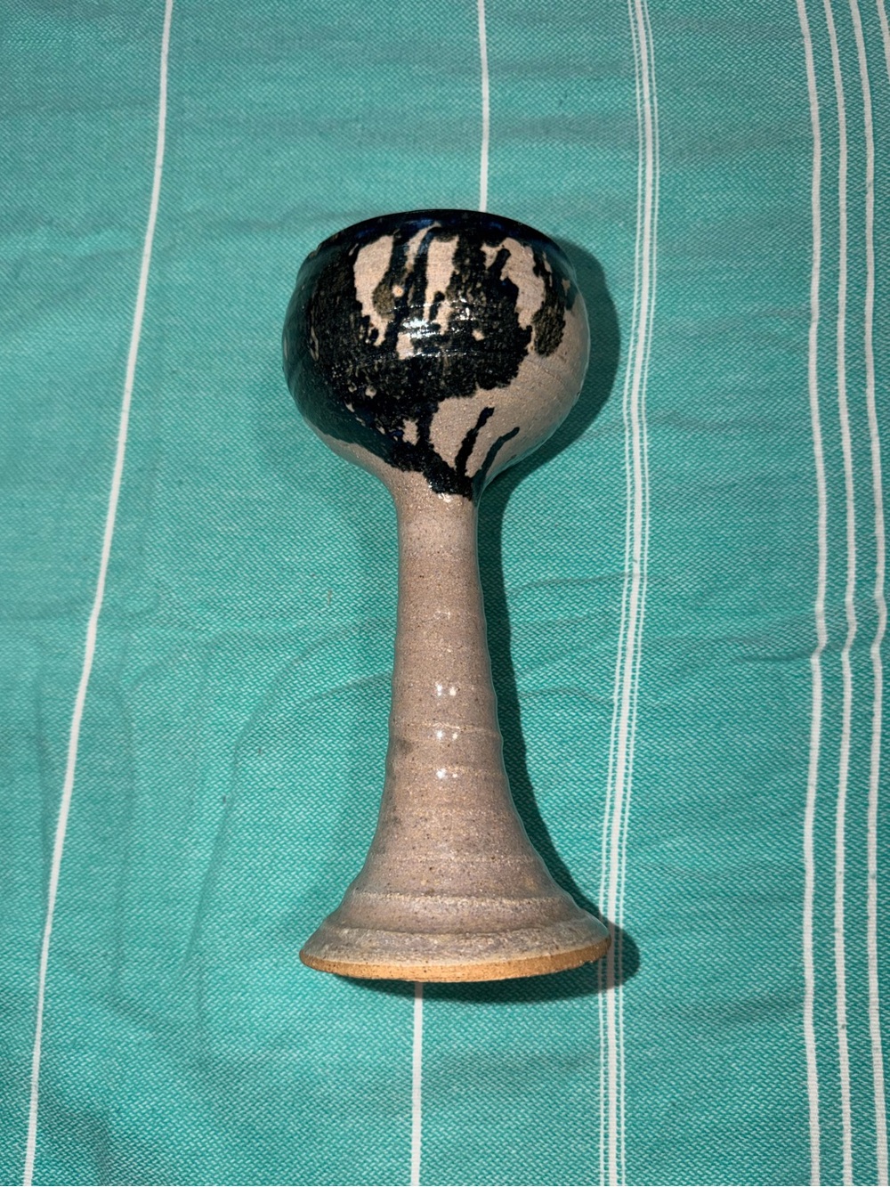 Handcrafted Beige and Black Ceramic Goblet - Decorative Home Art
